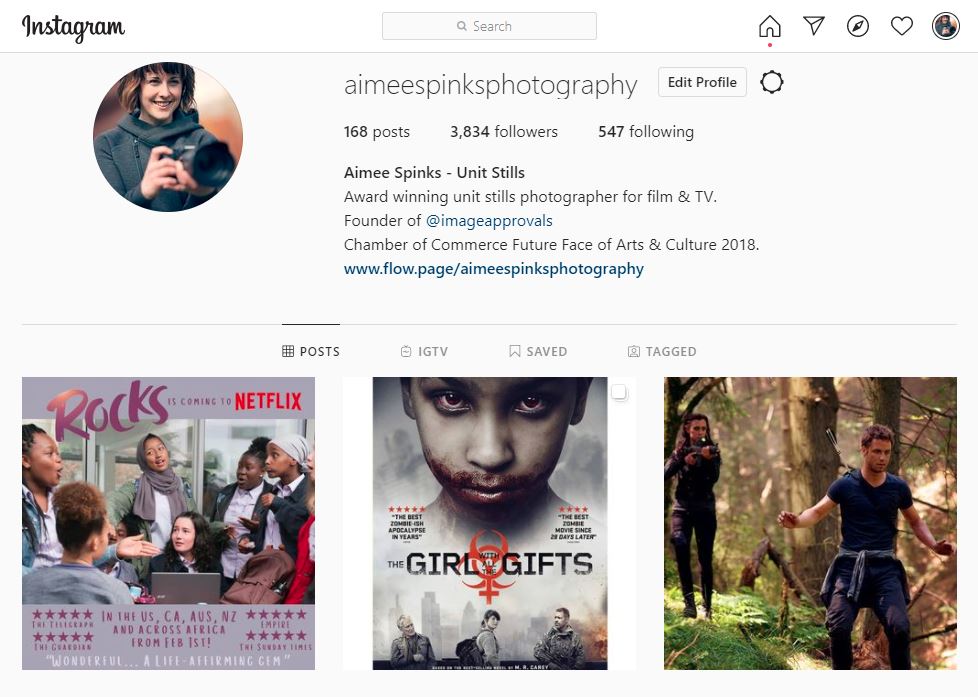 Screenshot of the Instagram page of unit stills photographer, Aimee Spinks